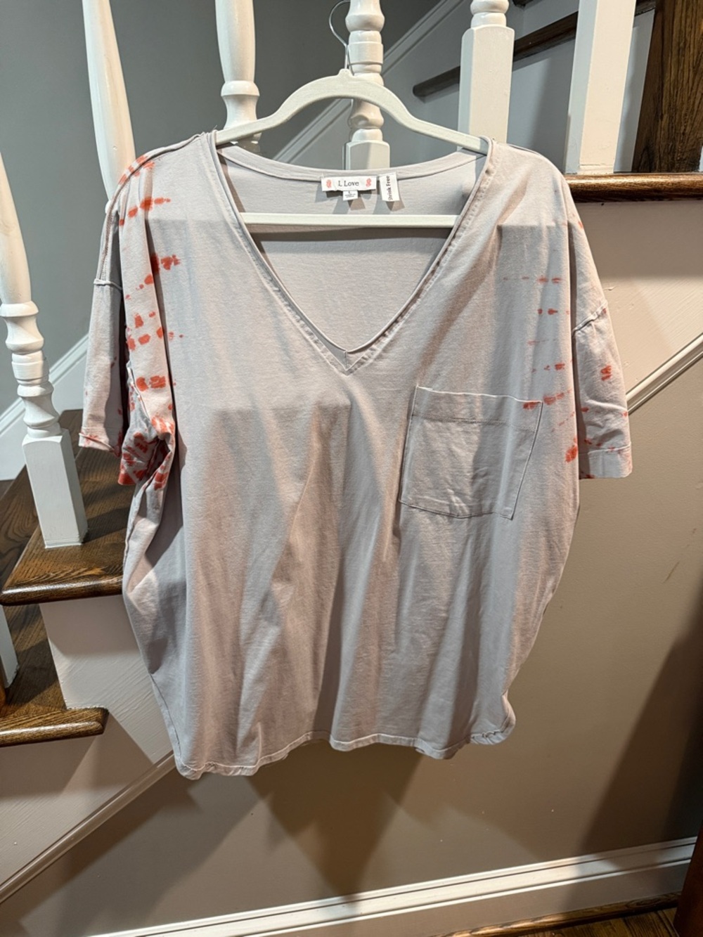 L Love Light Gray Tee with Coral Accent tie dye